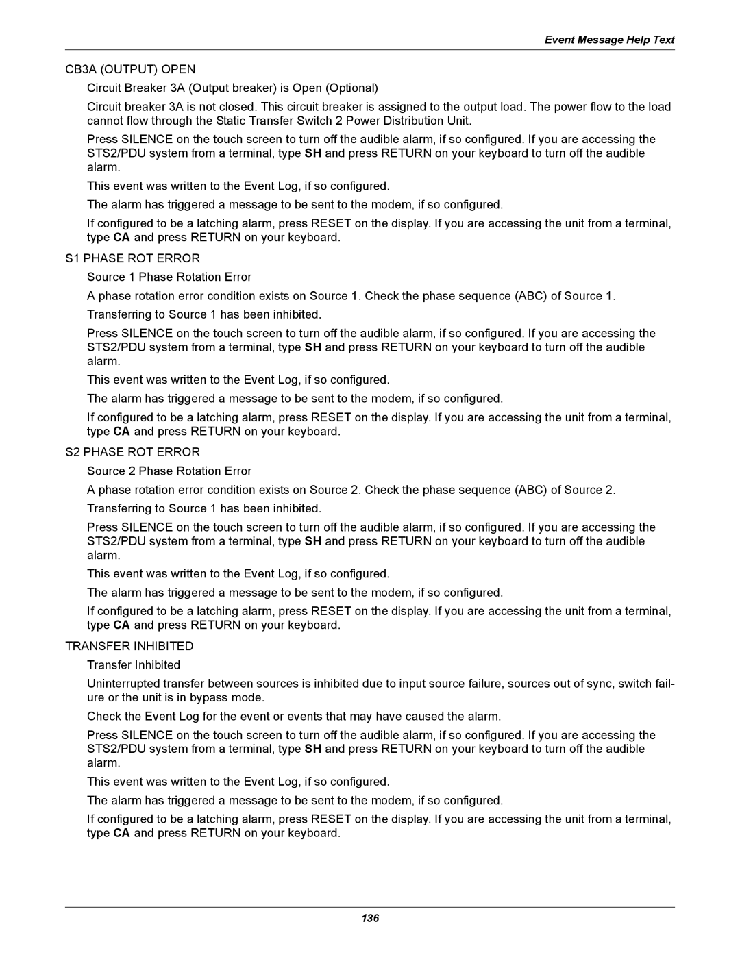 Liebert PDUTM, STS2 manual CB3A Output Open, Transfer Inhibited 