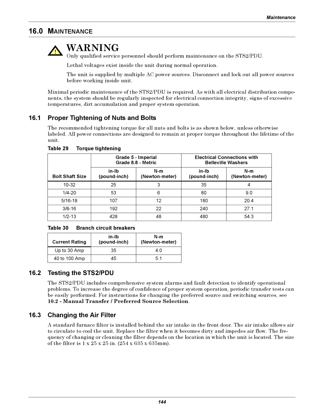 Liebert PDUTM manual Proper Tightening of Nuts and Bolts, Testing the STS2/PDU, Changing the Air Filter, Maintenance 