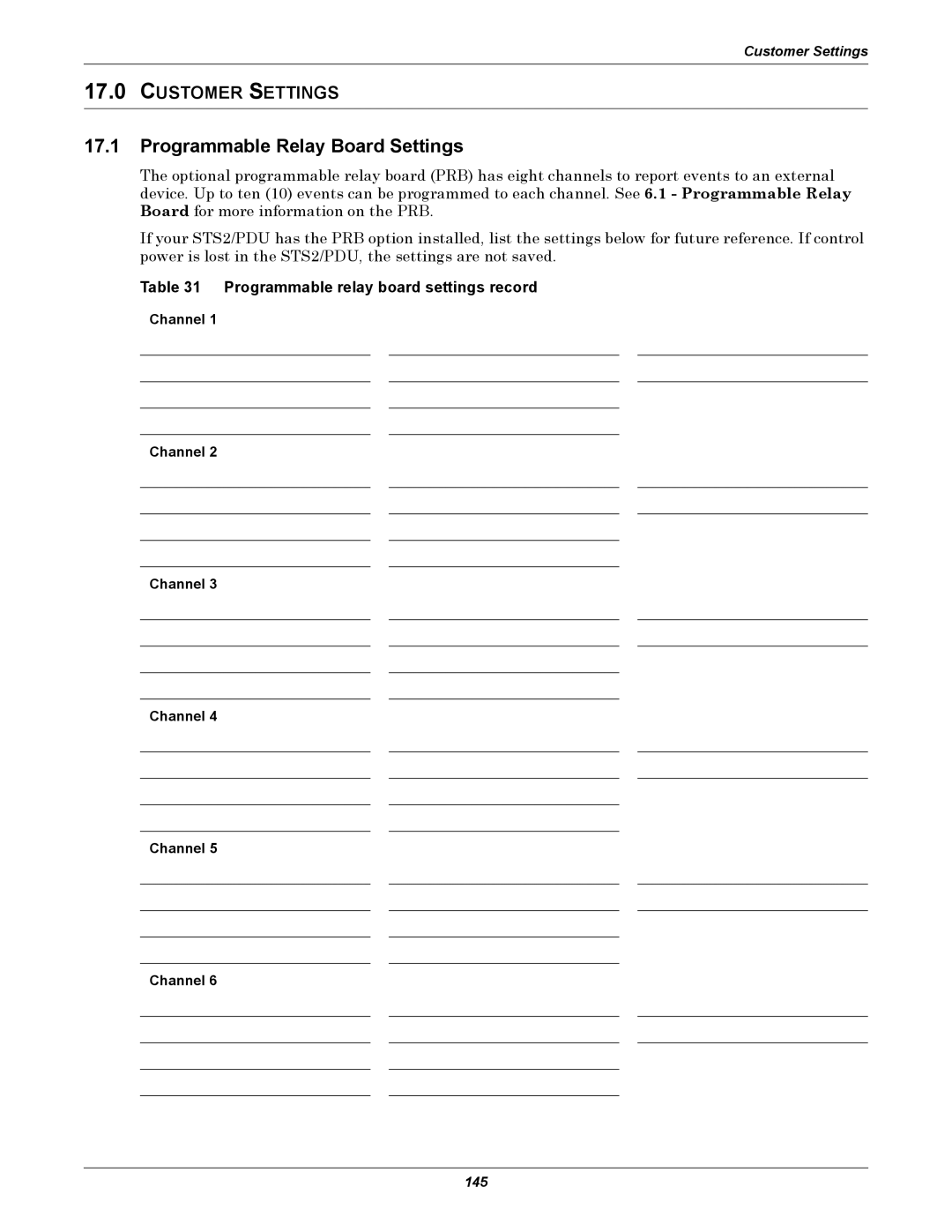 Liebert STS2, PDUTM manual Programmable Relay Board Settings, Customer Settings, Programmable relay board settings record 