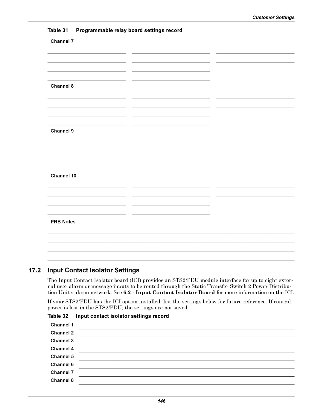 Liebert PDUTM, STS2 manual Input Contact Isolator Settings, Input contact isolator settings record, Channel PRB Notes 