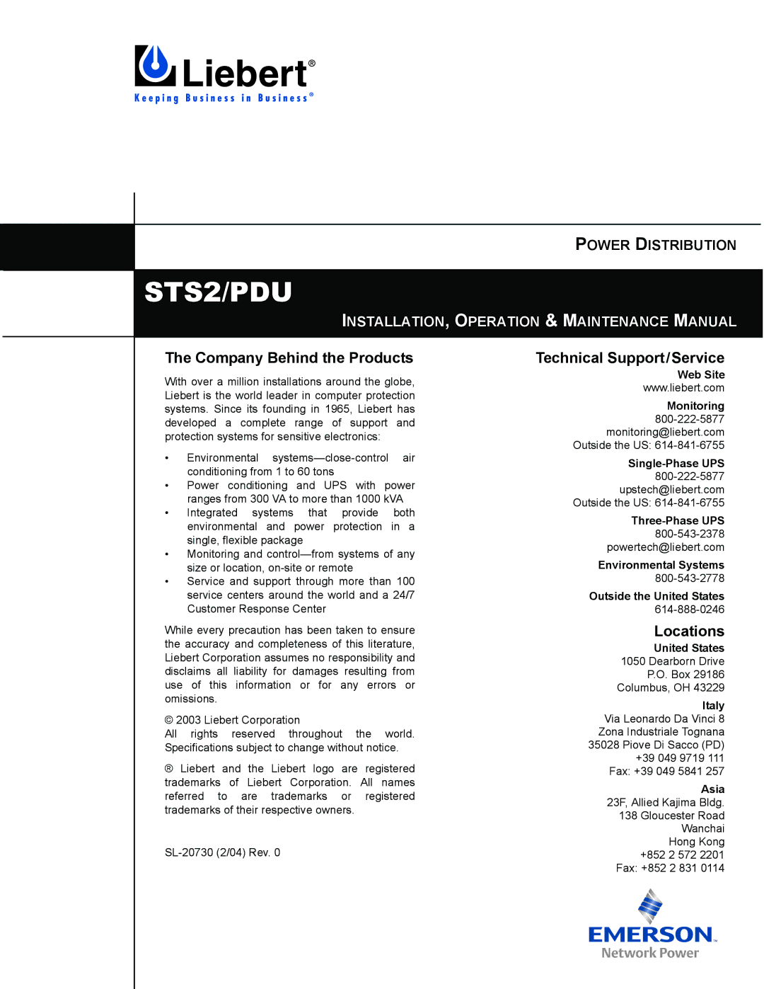 Liebert PDUTM, STS2 manual Company Behind the Products, Technical Support/Service, Locations, Asia 23F, Allied Kajima Bldg 