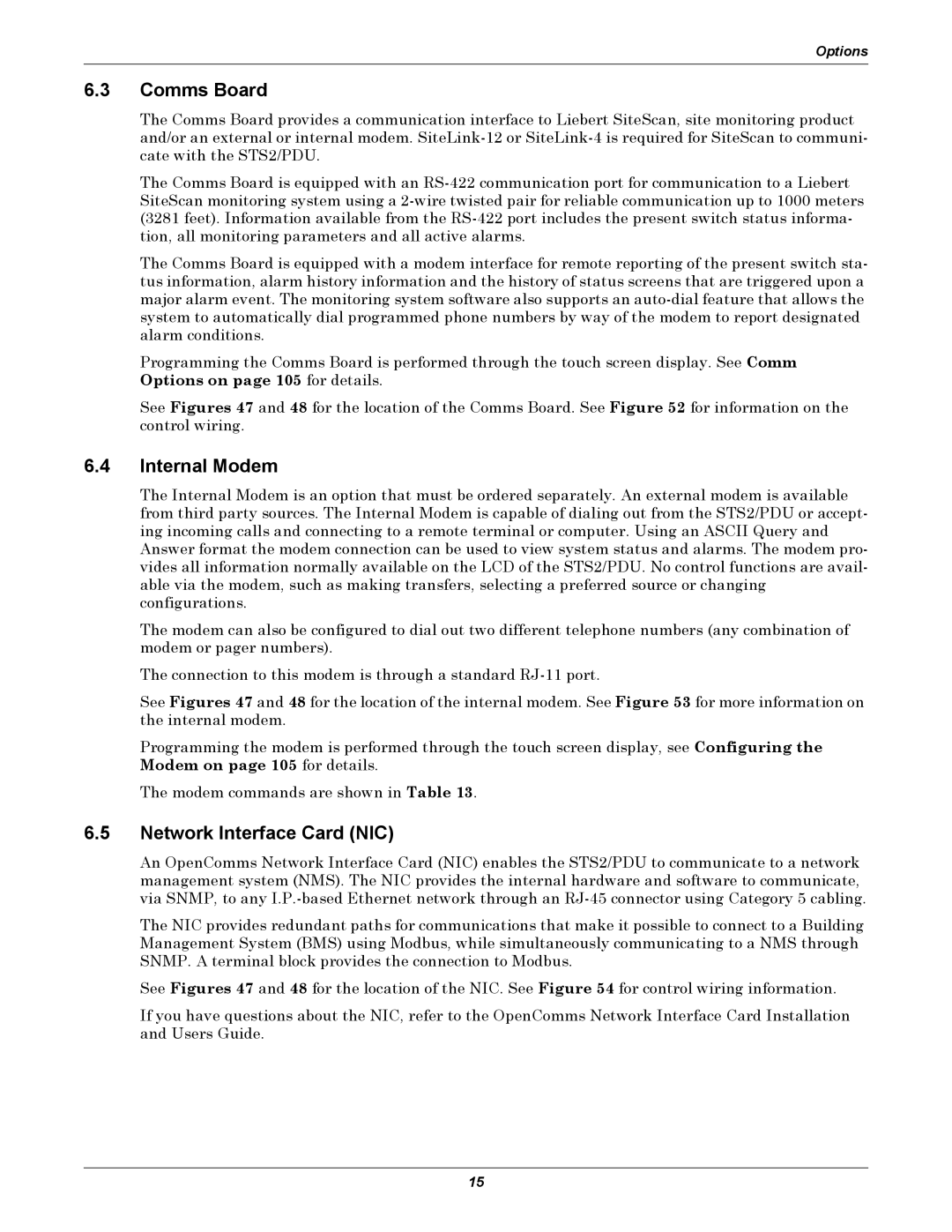 Liebert STS2, PDUTM manual Comms Board, Internal Modem, Network Interface Card NIC 