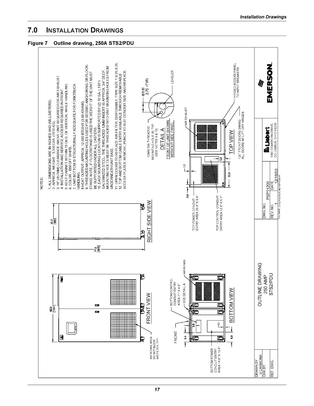 Liebert PDUTM manual Installation Drawings, Outline drawing, 250A STS2/PDU 