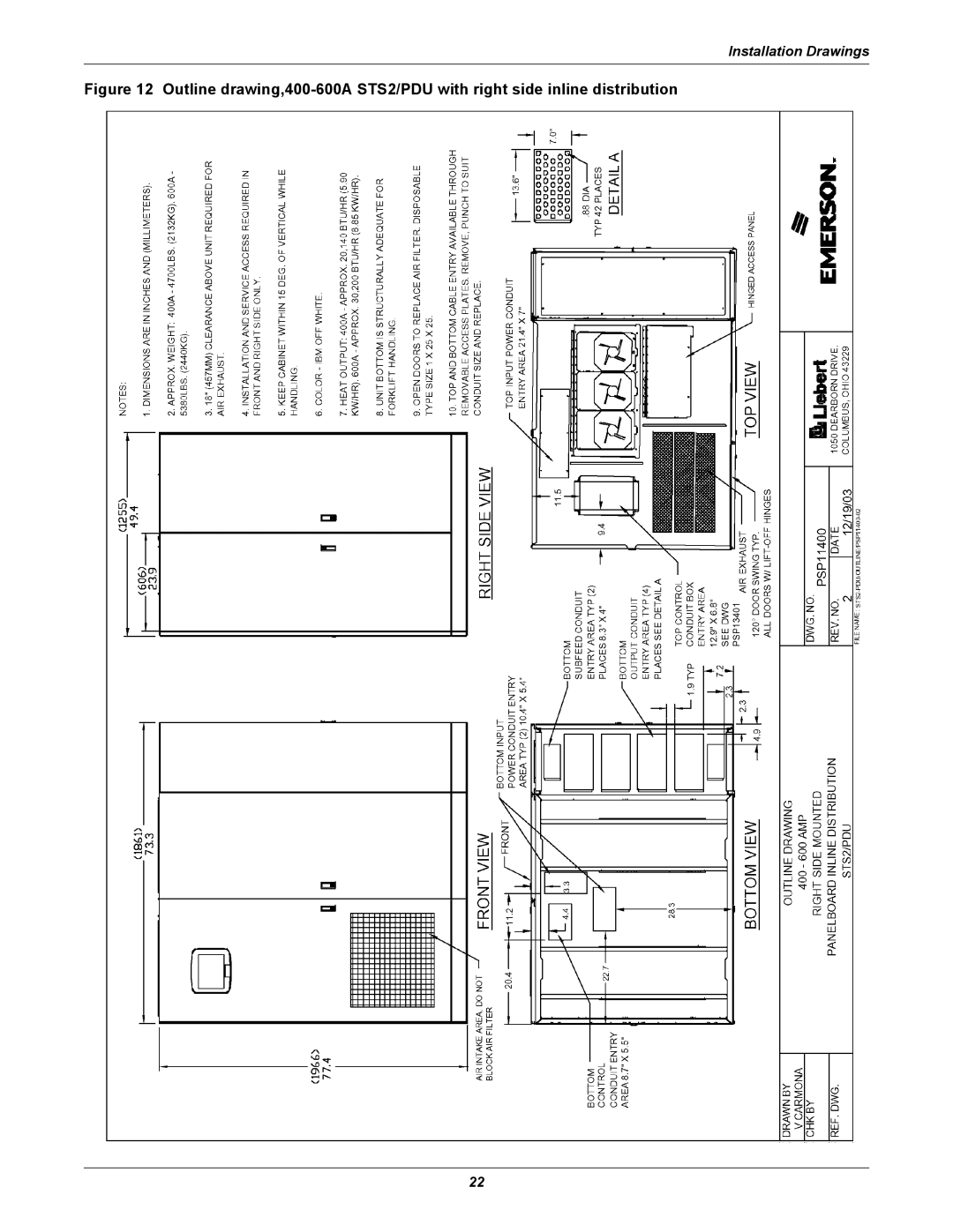 Liebert PDUTM, STS2 manual Installation Drawings 