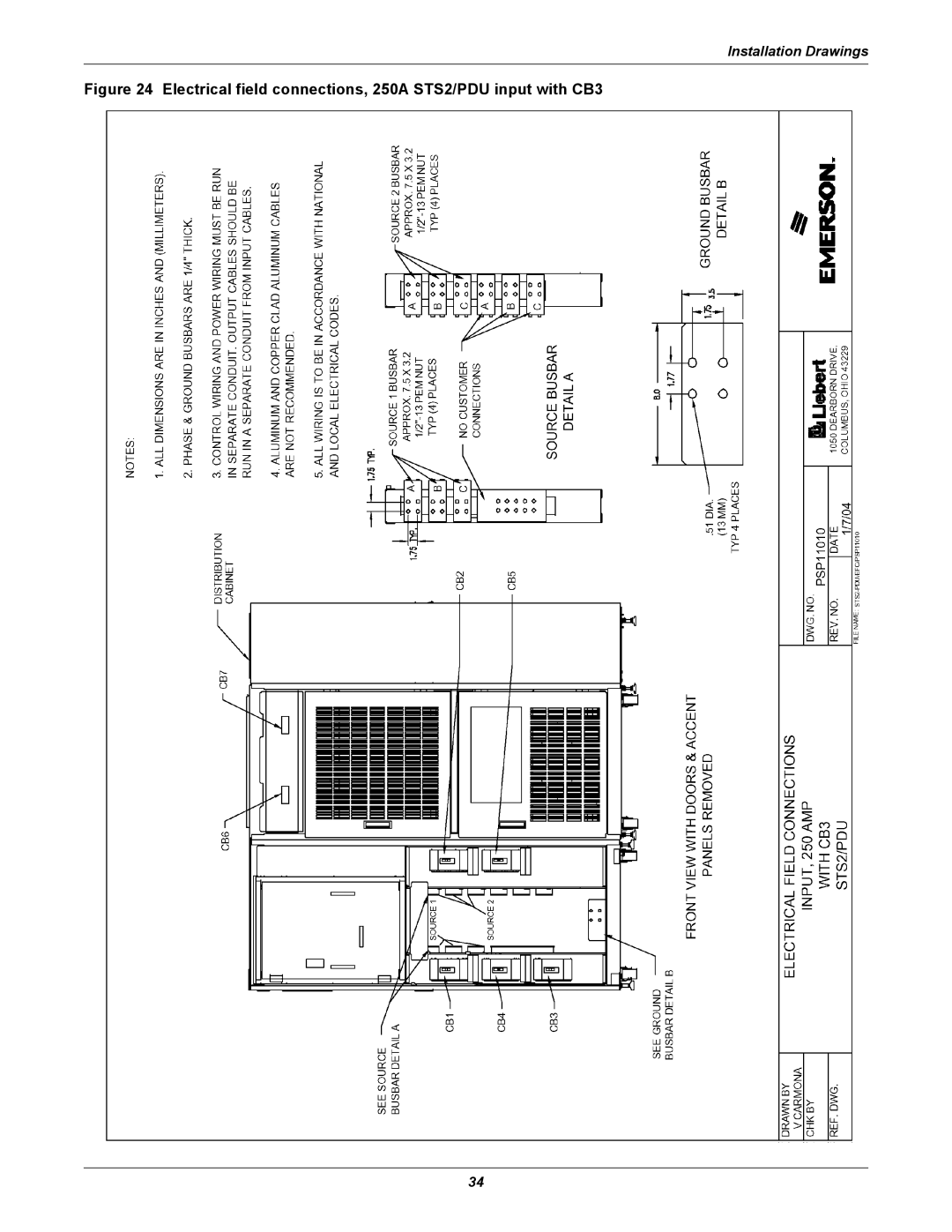 Liebert PDUTM manual Electrical field connections, 250A STS2/PDU input with CB3 