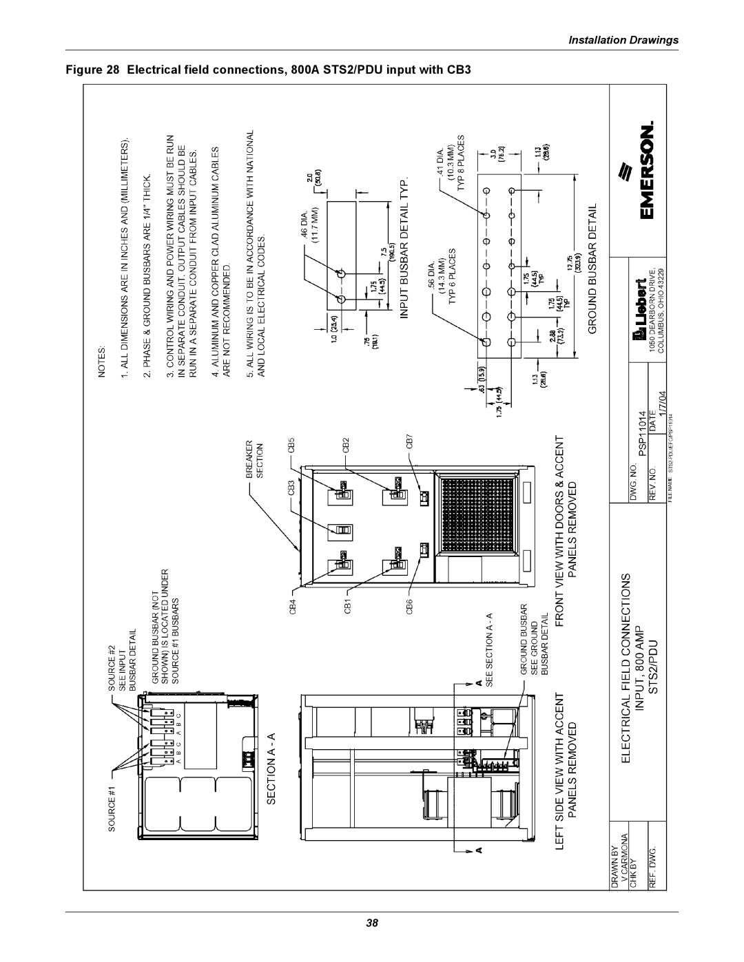 Liebert PDUTM manual Electrical field connections, 800A STS2/PDU input with CB3 