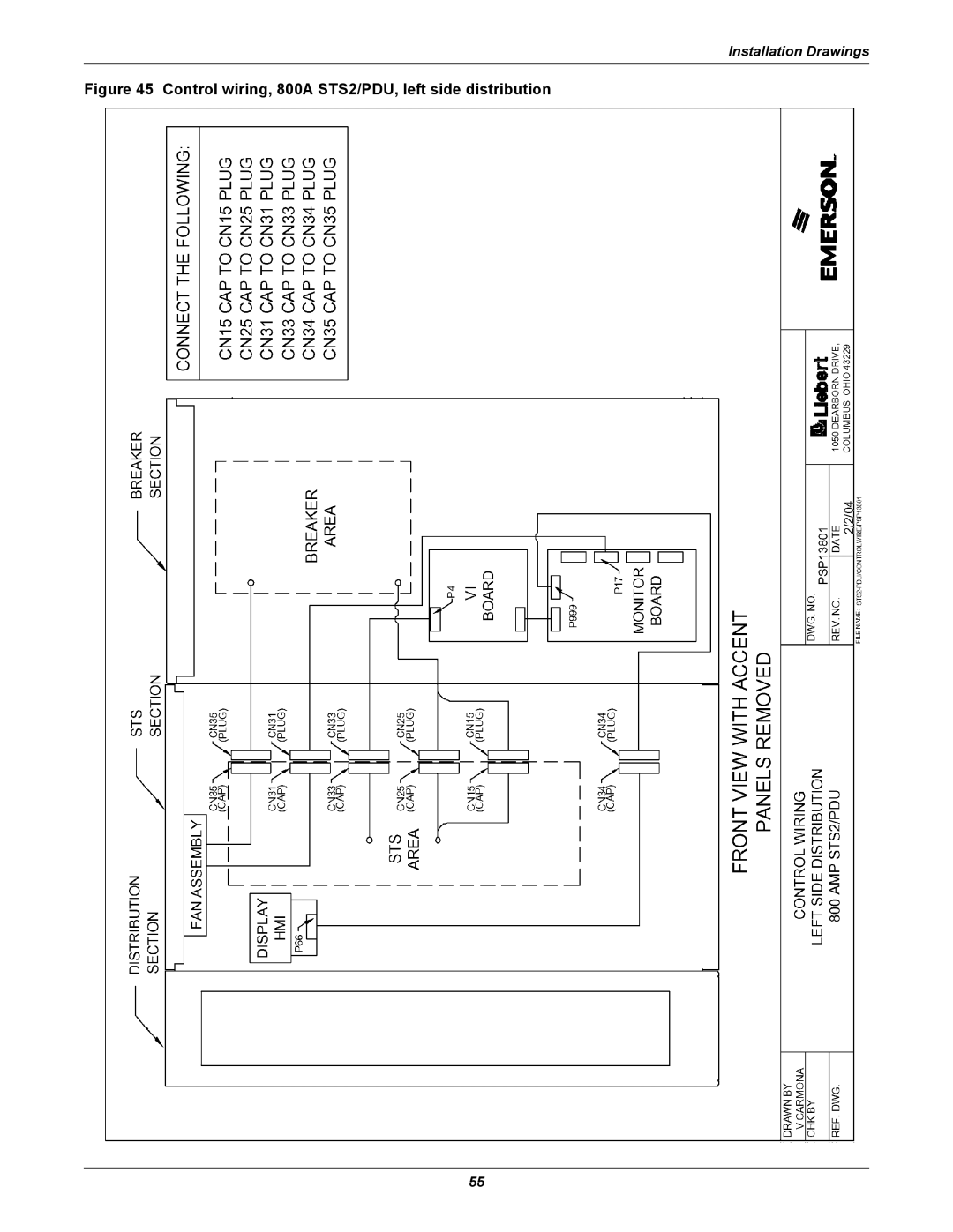 Liebert PDUTM manual Control wiring, 800A STS2/PDU, left side distribution 