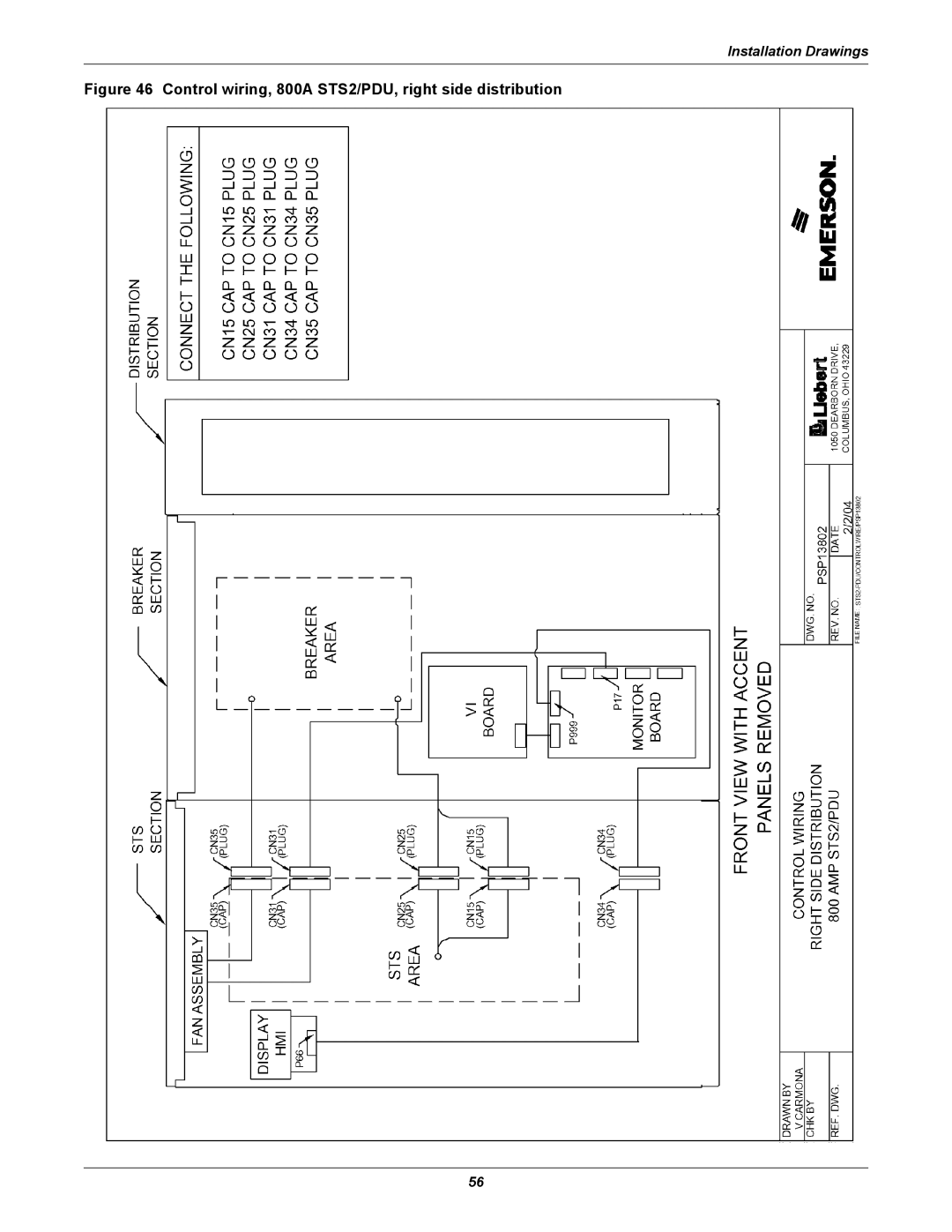 Liebert PDUTM manual Control wiring, 800A STS2/PDU, right side distribution 