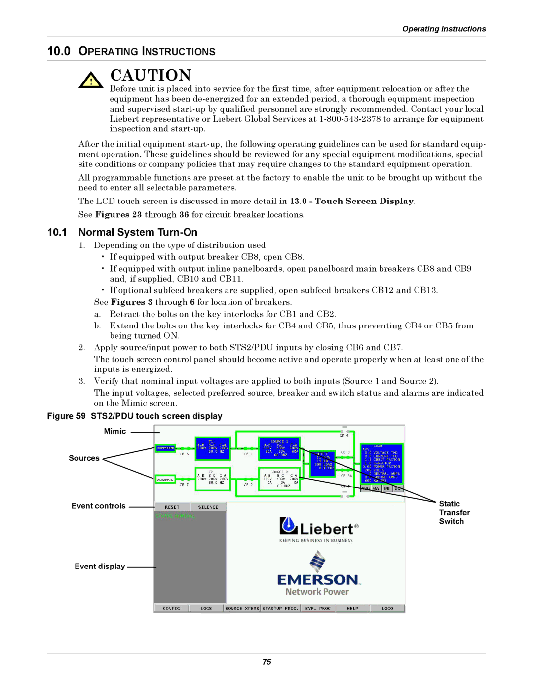 Liebert STS2, PDUTM manual Normal System Turn-On, Operating Instructions 