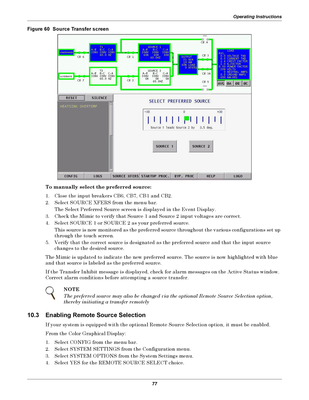 Liebert STS2, PDUTM Enabling Remote Source Selection, To manually select the preferred source 