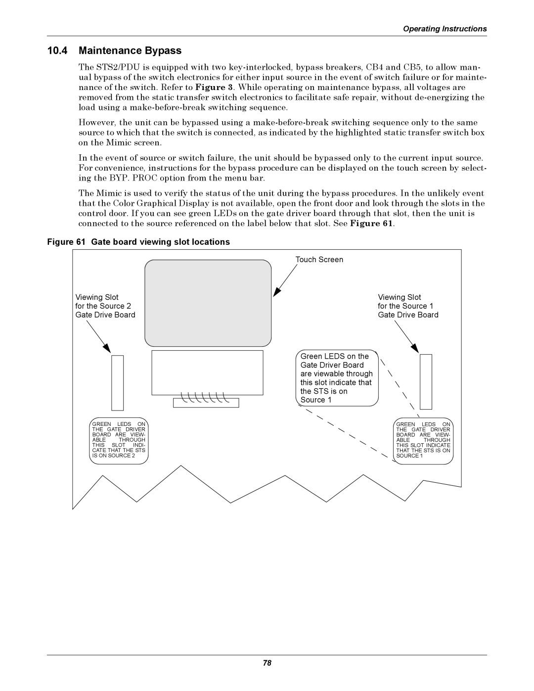 Liebert PDUTM, STS2 manual Maintenance Bypass, Gate board viewing slot locations 