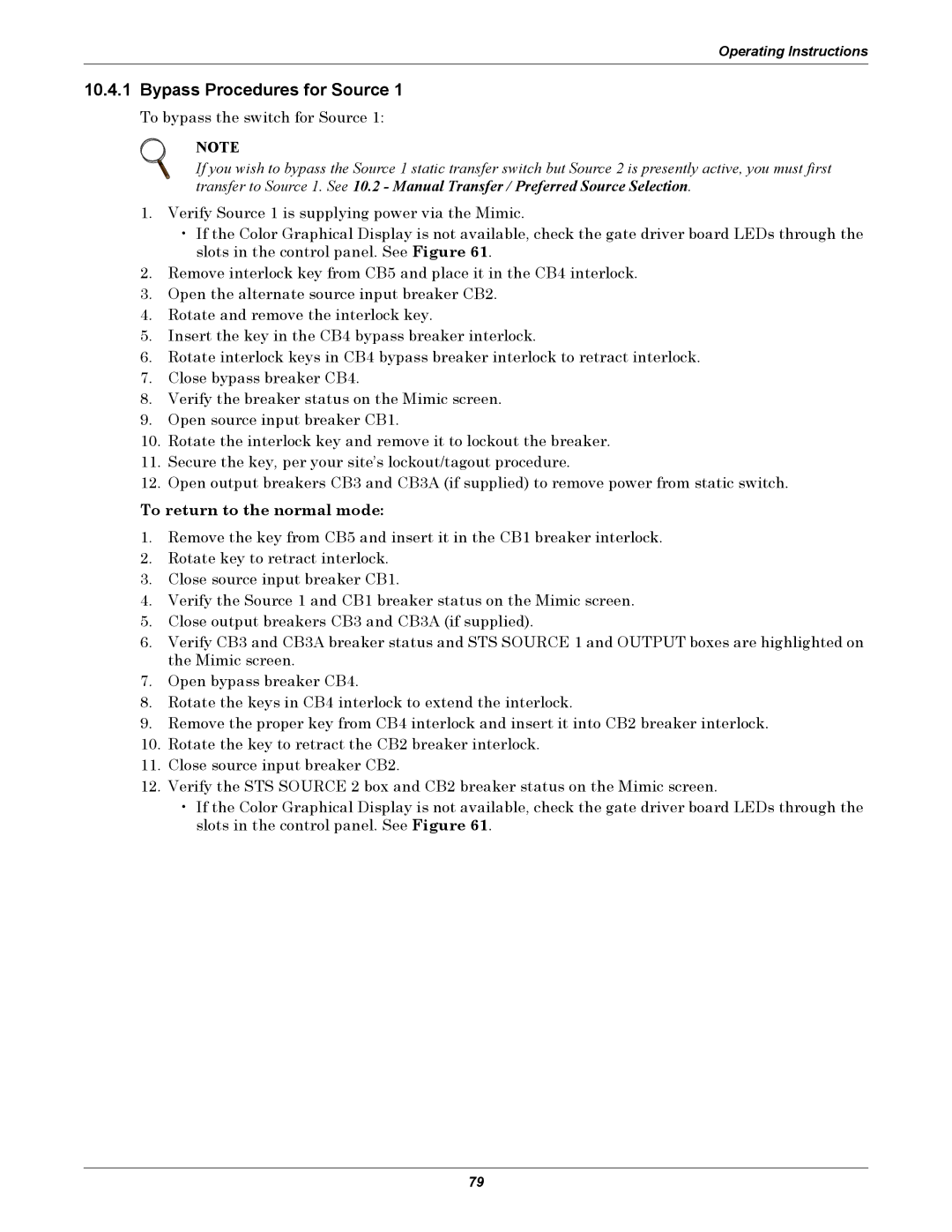 Liebert STS2, PDUTM manual Bypass Procedures for Source, To return to the normal mode 