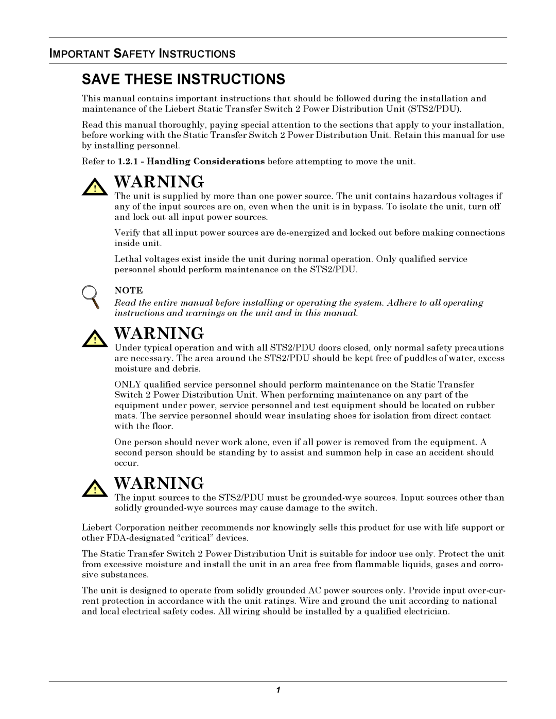 Liebert STS2, PDUTM manual Important Safety Instructions 