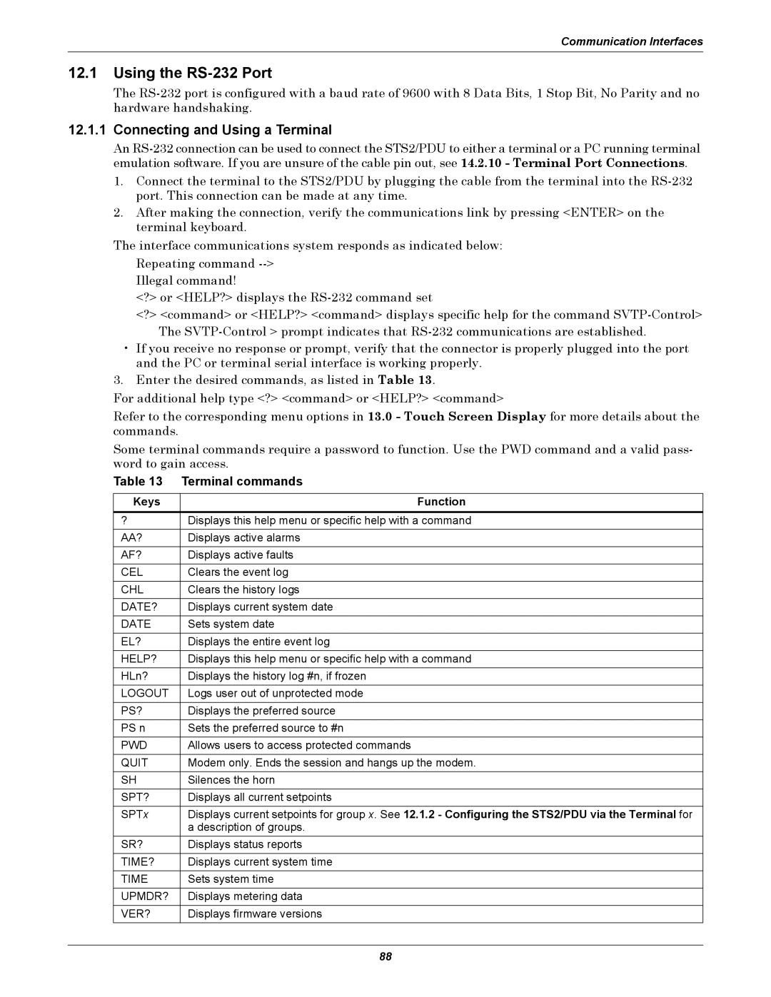 Liebert PDUTM, STS2 manual Using the RS-232 Port, Connecting and Using a Terminal, Terminal commands, Keys Function 