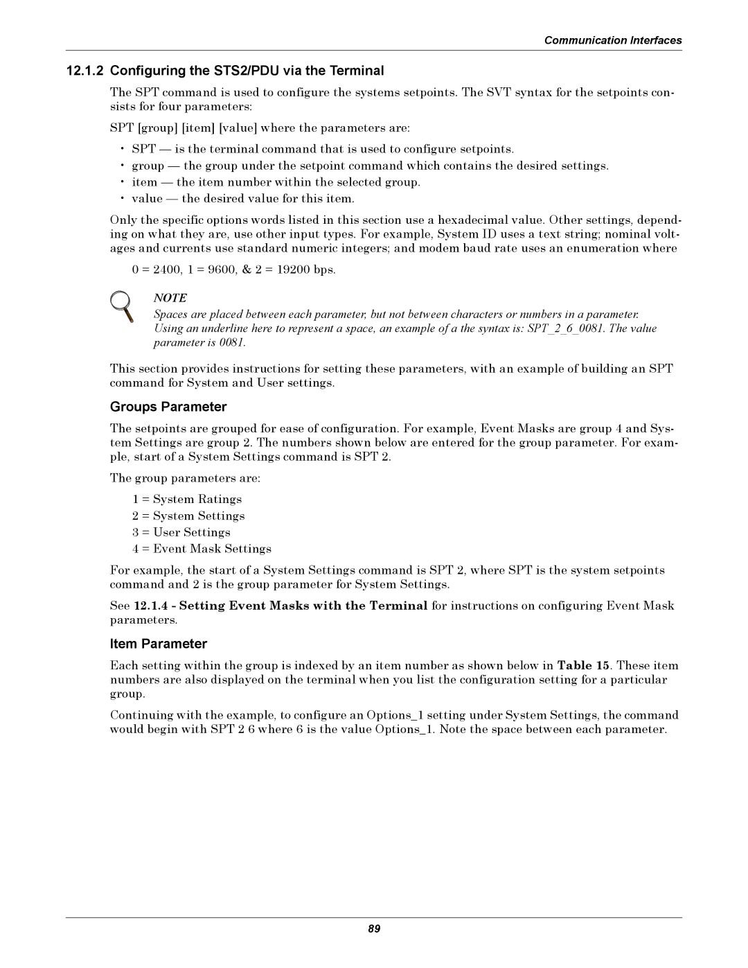 Liebert PDUTM manual Configuring the STS2/PDU via the Terminal, Groups Parameter, Item Parameter 