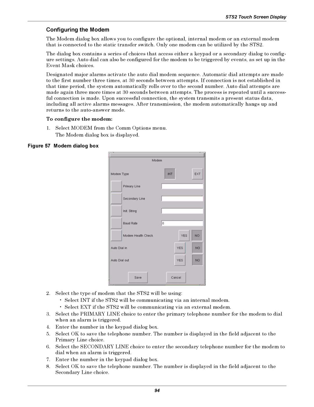 Liebert POWER PROTECTION STATIC TRANSFER SWITCH manual Configuring the Modem, To configure the modem 