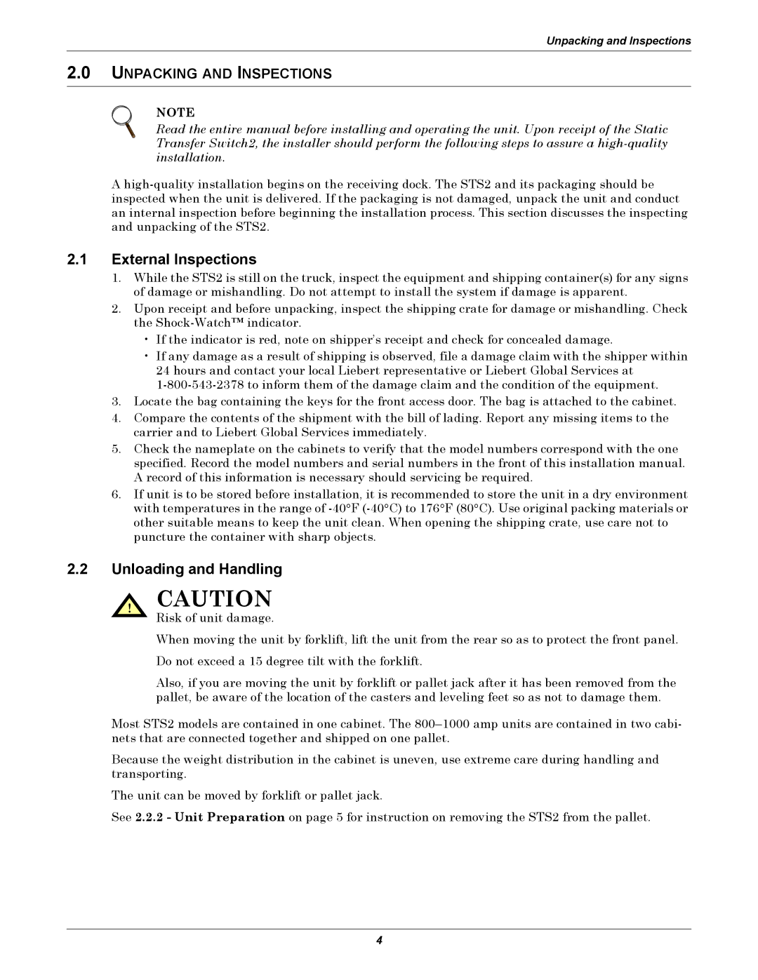 Liebert POWER PROTECTION STATIC TRANSFER SWITCH External Inspections, Unloading and Handling, Unpacking and Inspections 