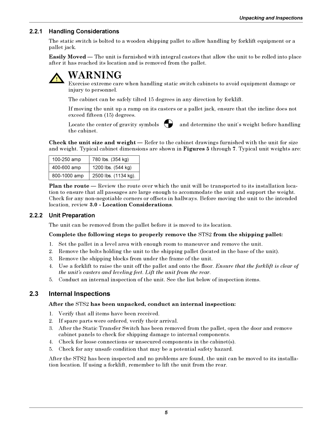 Liebert POWER PROTECTION STATIC TRANSFER SWITCH manual Internal Inspections, Handling Considerations, Unit Preparation 