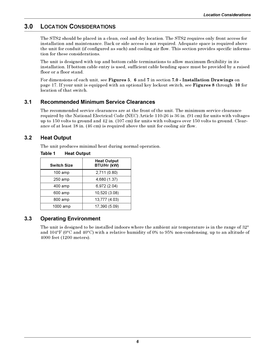 Liebert POWER PROTECTION STATIC TRANSFER SWITCH Recommended Minimum Service Clearances, Heat Output, Operating Environment 