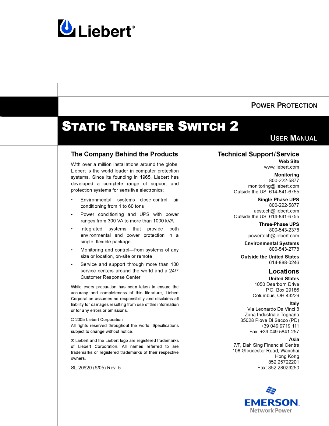 Liebert POWER PROTECTION STATIC TRANSFER SWITCH Company Behind the Products, Technical Support/Service, Locations, Italy 