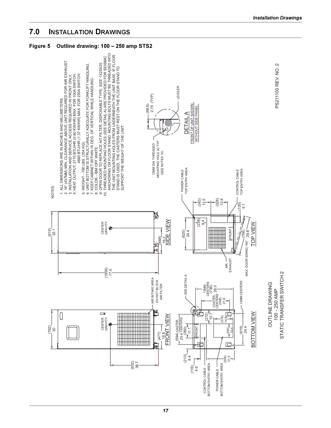 Liebert POWER PROTECTION STATIC TRANSFER SWITCH manual Drawings, Drawing 100 250 amp STS2, Detail a, Static Transfer Switch 