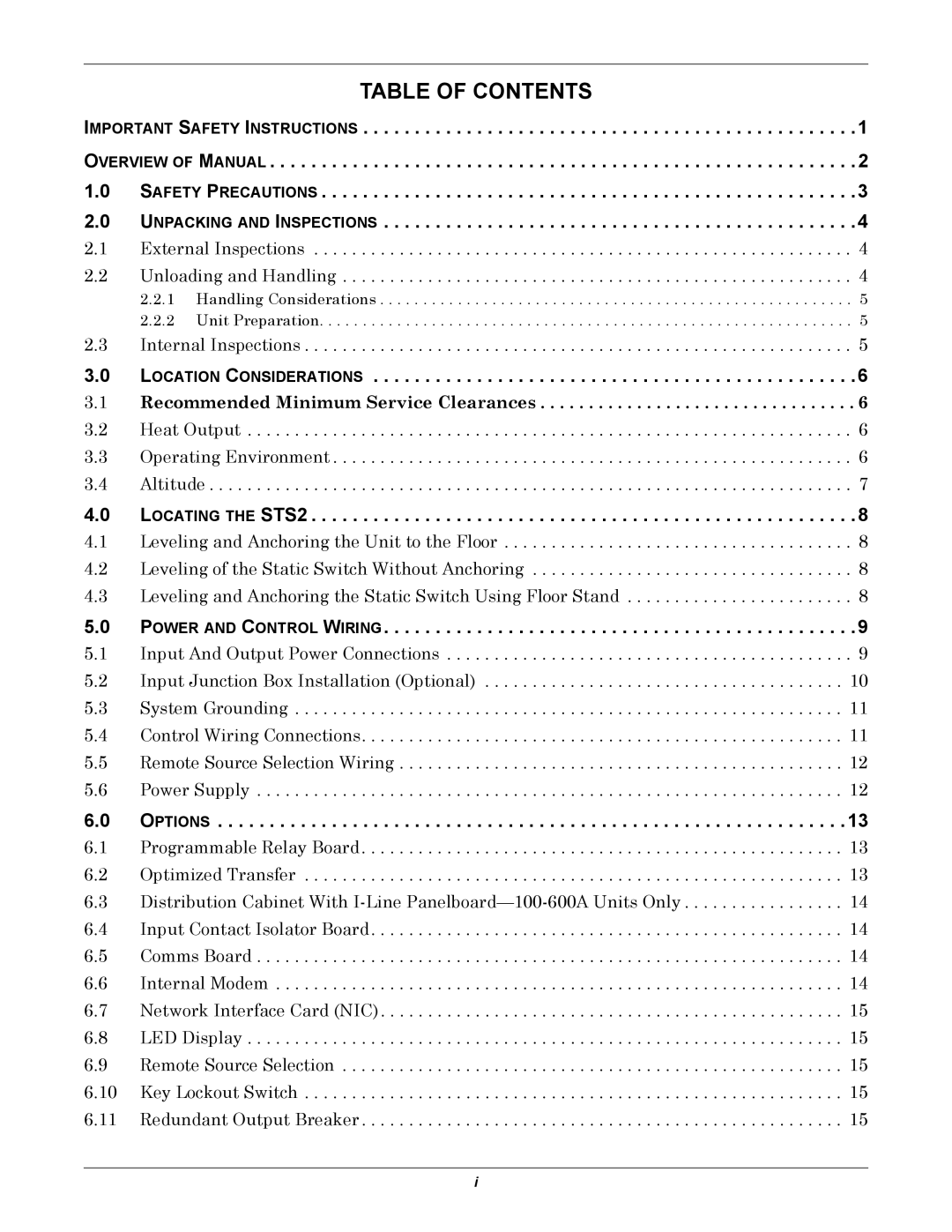 Liebert POWER PROTECTION STATIC TRANSFER SWITCH manual Table of Contents 