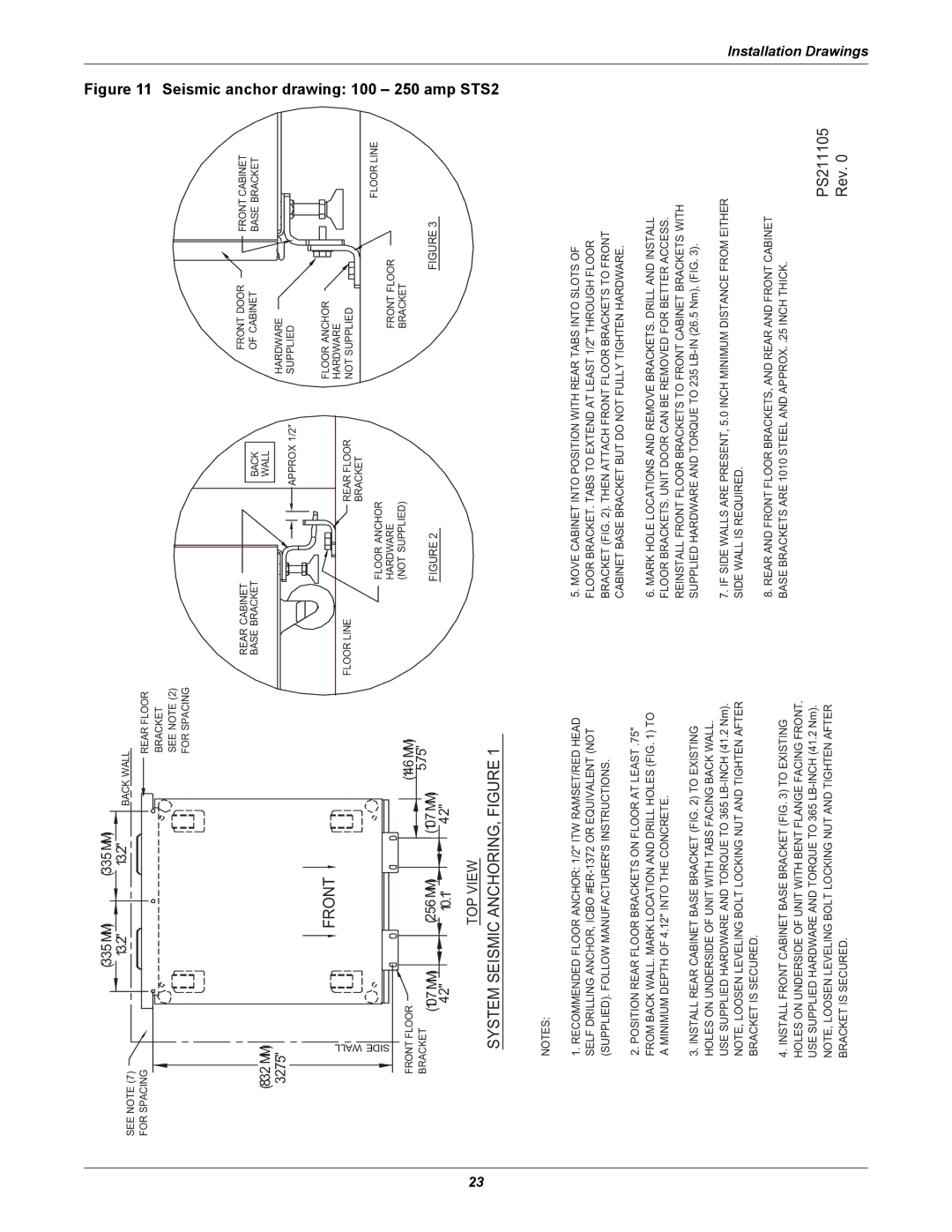 Liebert POWER PROTECTION STATIC TRANSFER SWITCH manual Seismic anchor, Drawing 100 250 amp STS2 