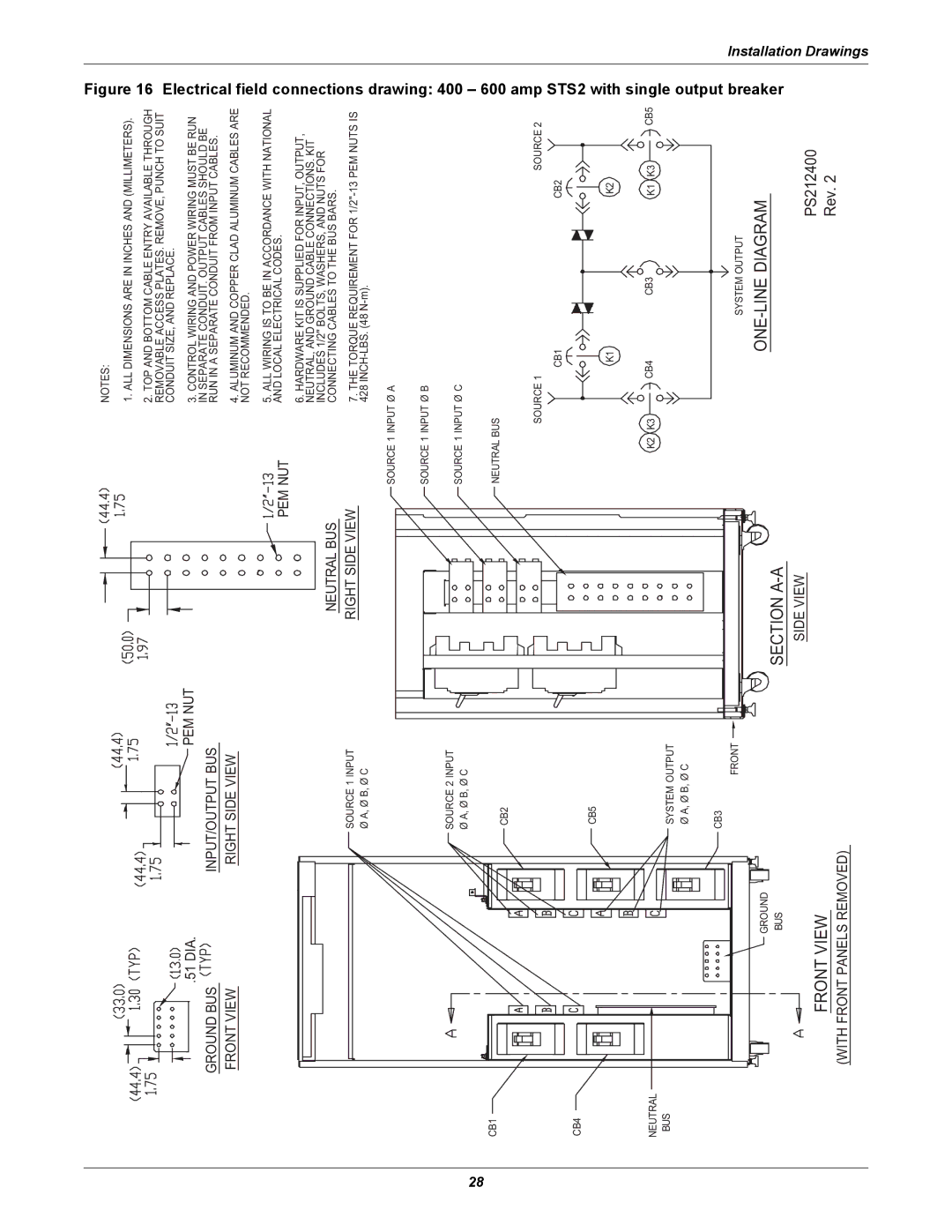 Liebert POWER PROTECTION STATIC TRANSFER SWITCH manual Drawing 400 600 amp STS2 with single output breaker 