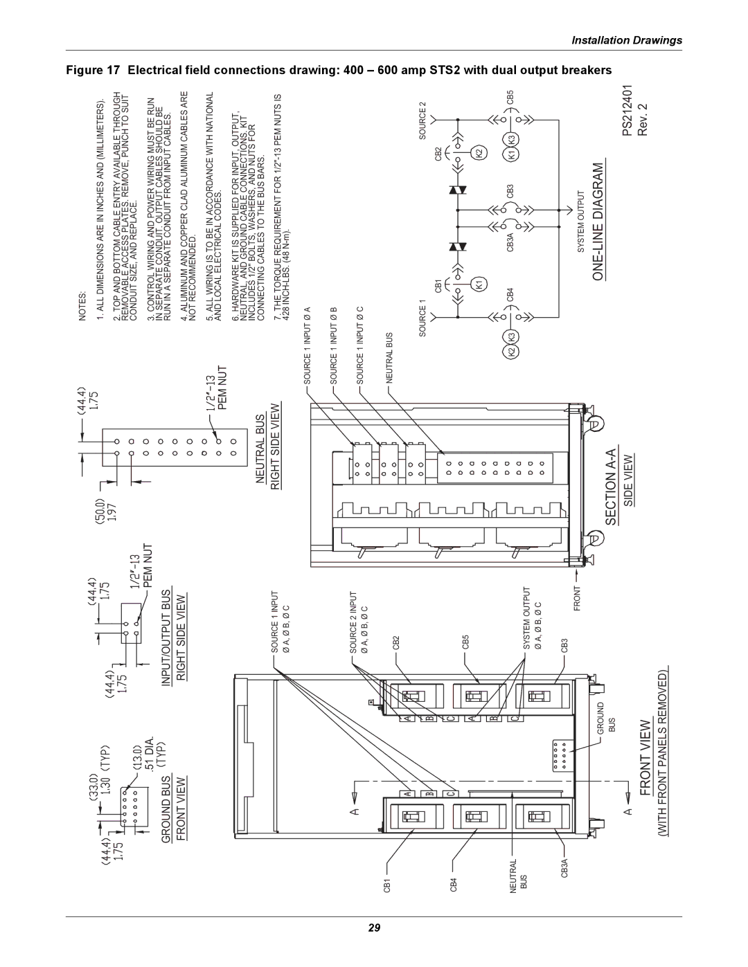 Liebert POWER PROTECTION STATIC TRANSFER SWITCH manual Drawing 400 600 amp STS2 with dual output breakers 