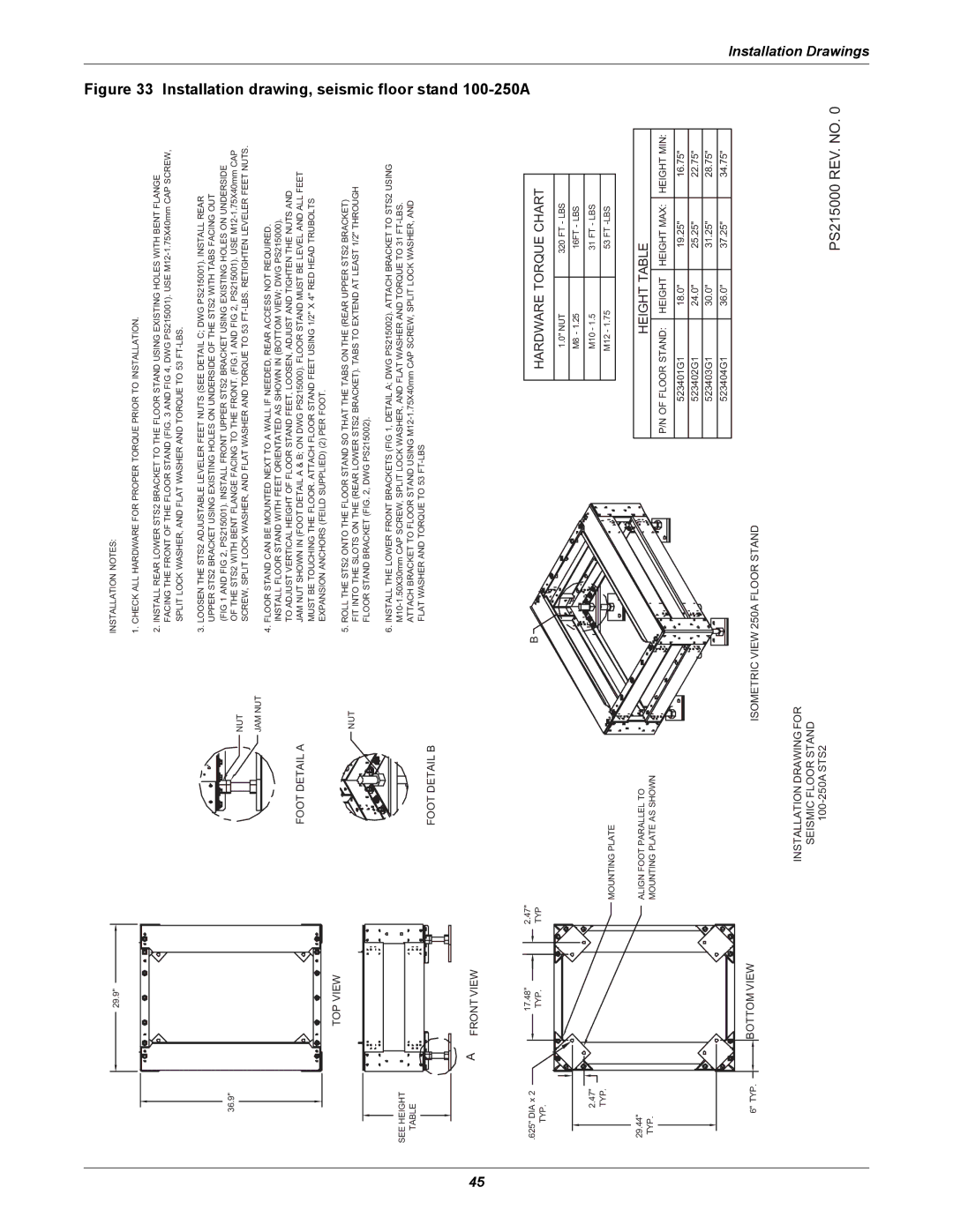 Liebert POWER PROTECTION STATIC TRANSFER SWITCH manual Installation drawing, seismic floor stand 100-250A 