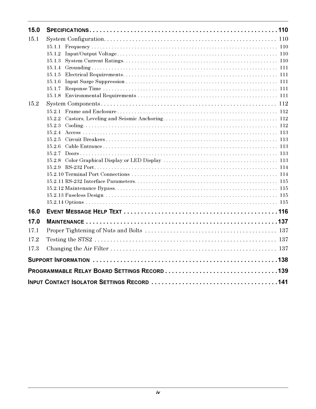 Liebert POWER PROTECTION STATIC TRANSFER SWITCH manual Specifications, Event Message Help Text 17.0 Maintenance 