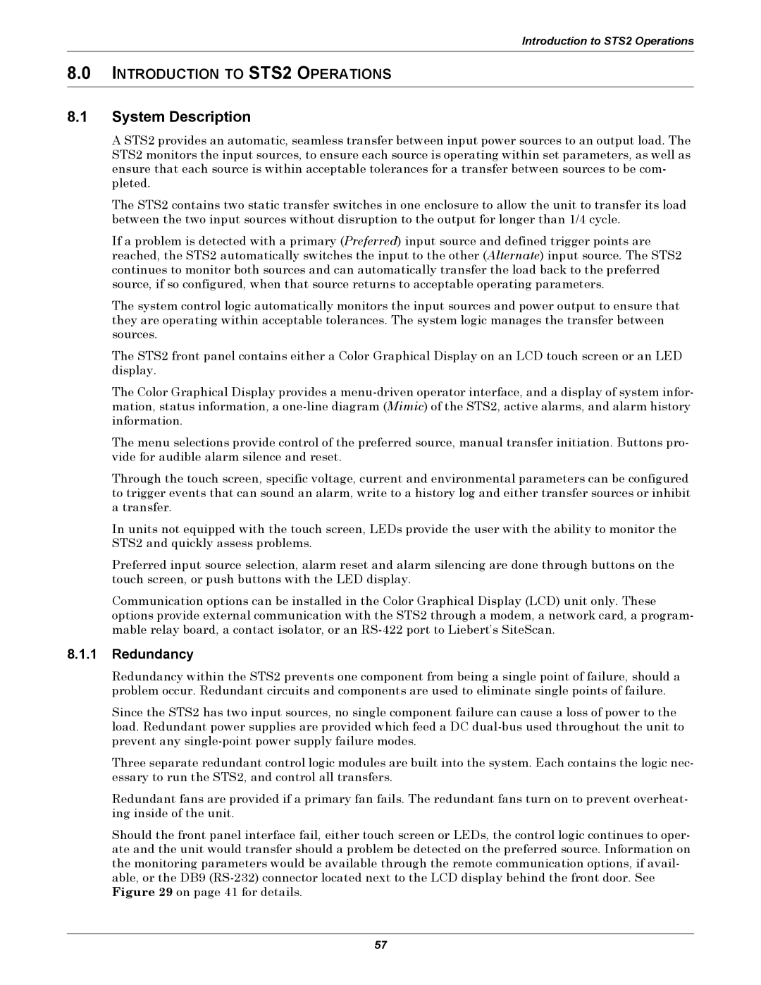 Liebert POWER PROTECTION STATIC TRANSFER SWITCH manual System Description, Introduction to STS2 Operations, Redundancy 