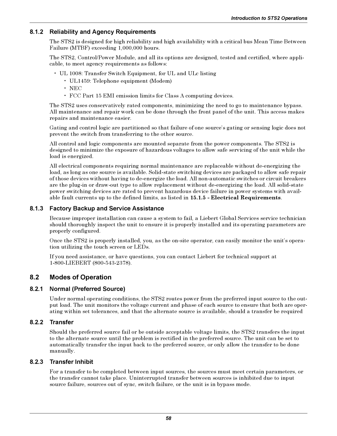 Liebert POWER PROTECTION STATIC TRANSFER SWITCH manual Modes of Operation 