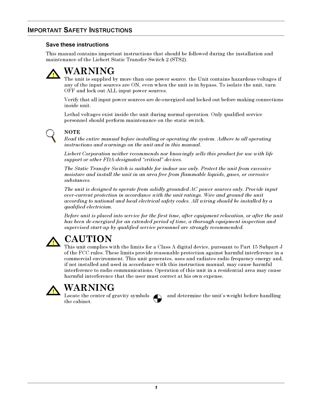 Liebert POWER PROTECTION STATIC TRANSFER SWITCH manual Important Safety Instructions 