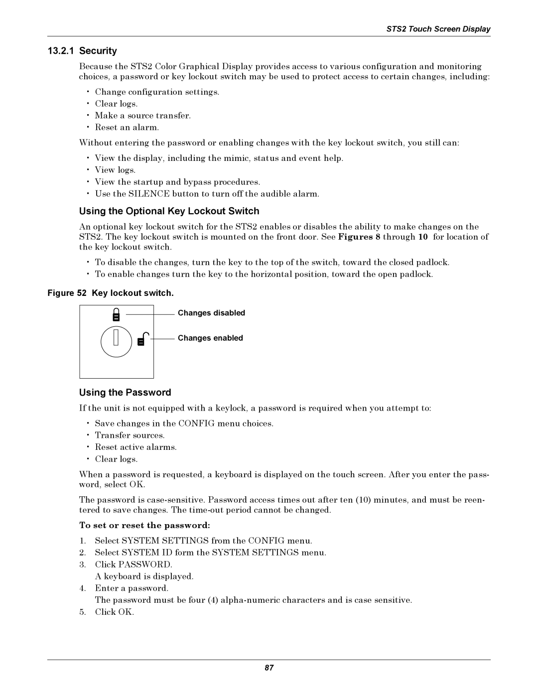 Liebert POWER PROTECTION STATIC TRANSFER SWITCH manual Security, Using the Optional Key Lockout Switch, Using the Password 