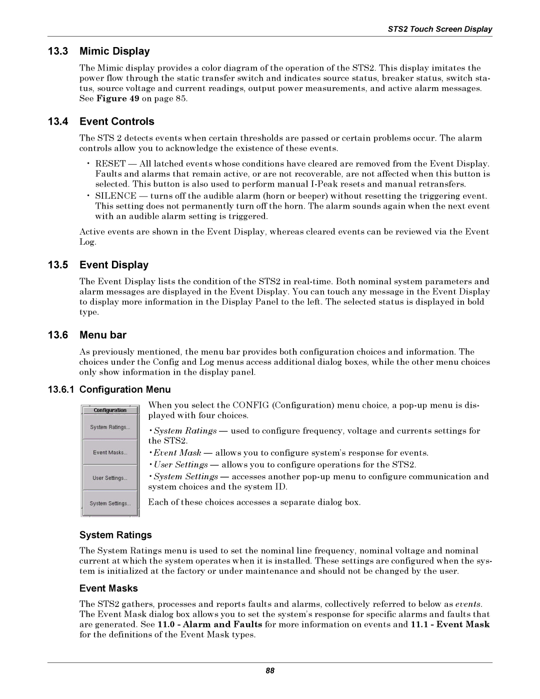 Liebert POWER PROTECTION STATIC TRANSFER SWITCH manual Mimic Display, Event Controls, Event Display, Menu bar 