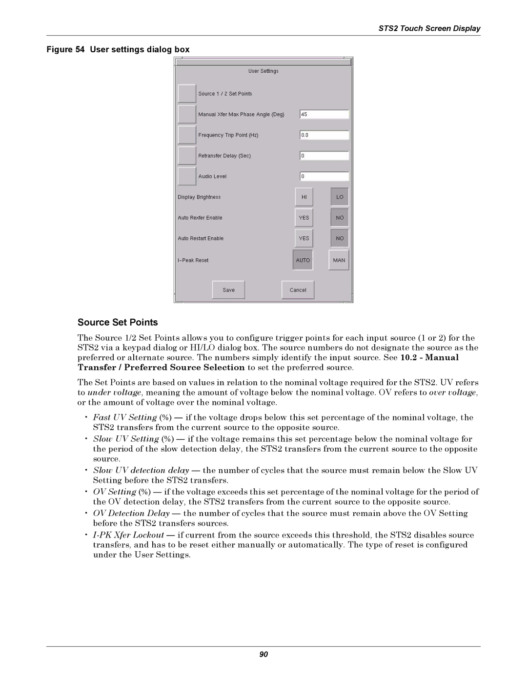 Liebert POWER PROTECTION STATIC TRANSFER SWITCH manual Source Set Points, User settings dialog box 