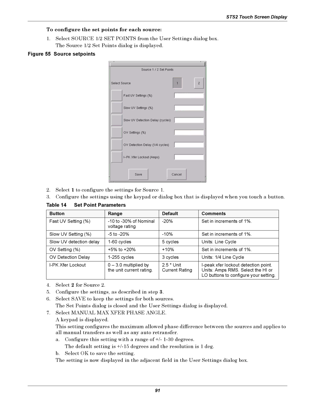 Liebert POWER PROTECTION STATIC TRANSFER SWITCH manual To configure the set points for each source, Set Point Parameters 