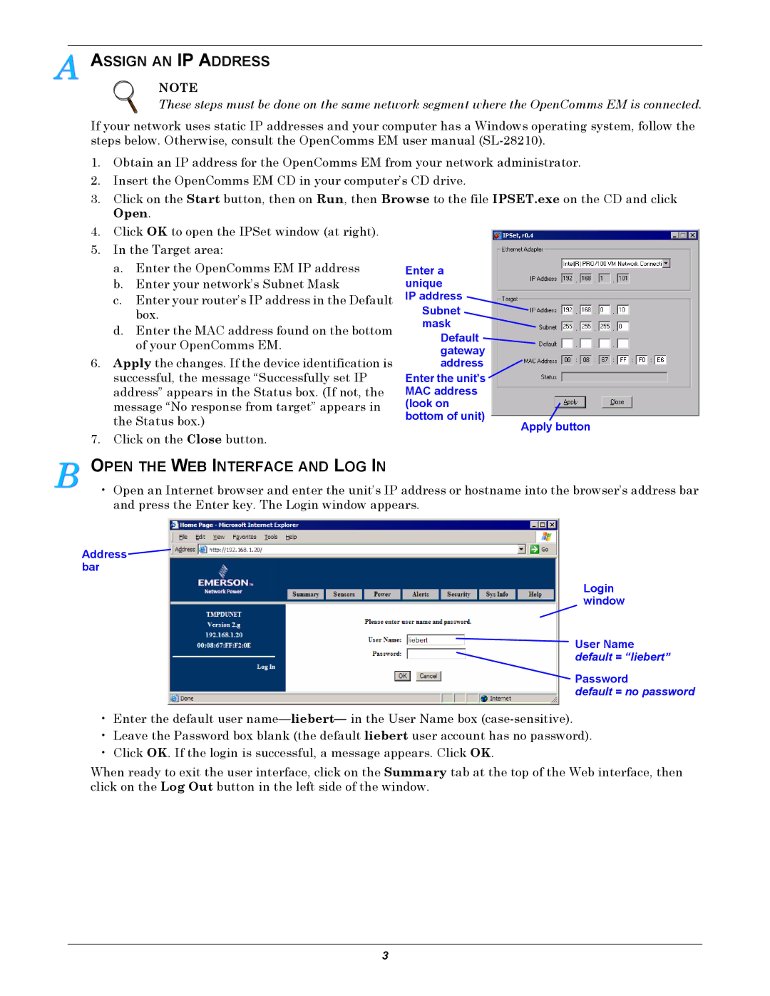 Liebert Power Strips important safety instructions Assign AN IP Address, Open the WEB Interface and LOG 