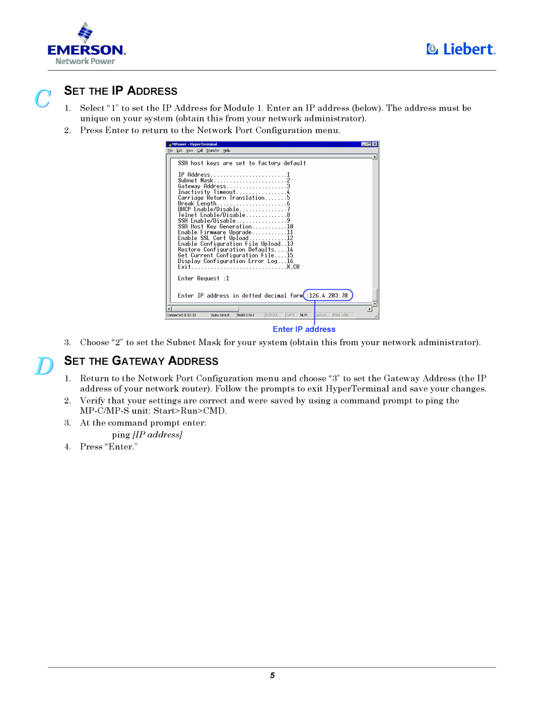 Liebert Power Strips important safety instructions SET the IP Address, SET the Gateway Address 