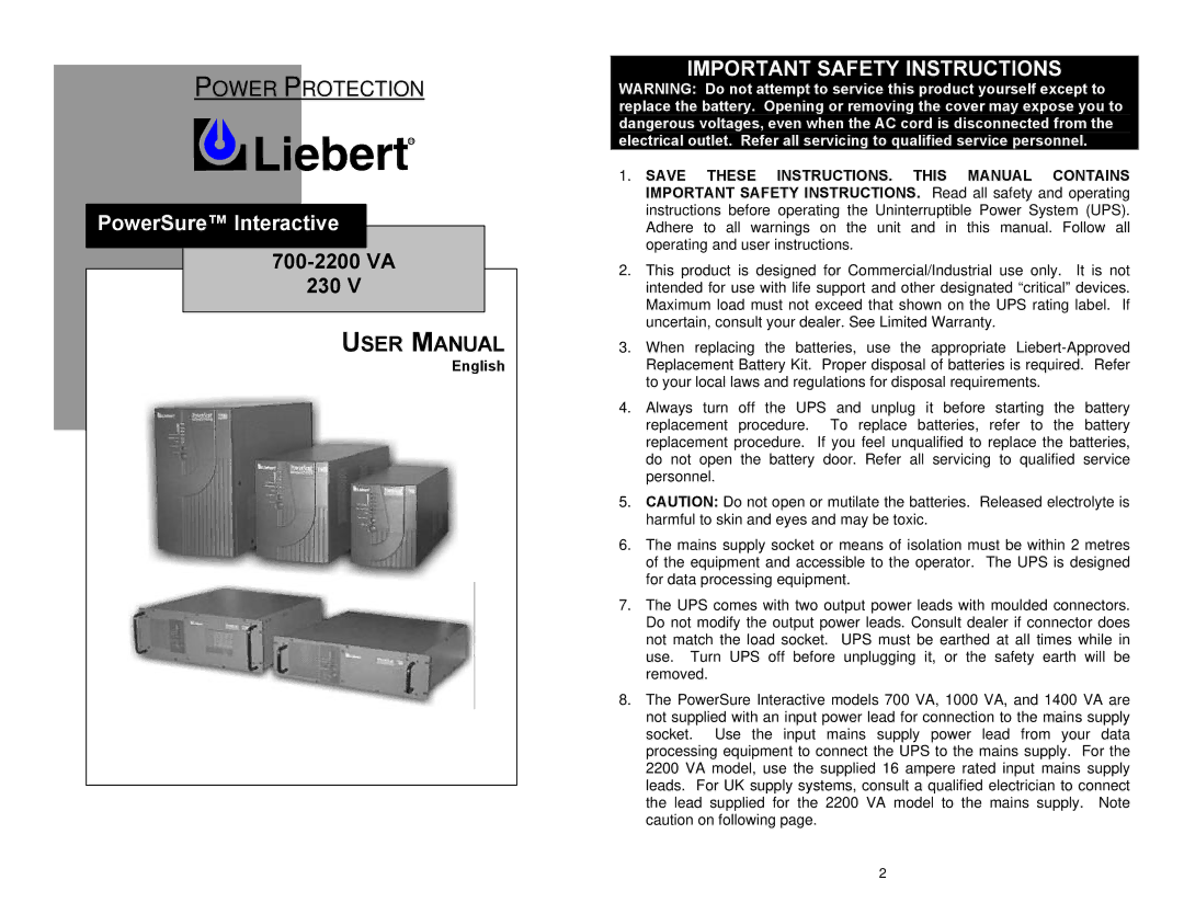 Liebert Power Supply important safety instructions Important Safety Instructions 