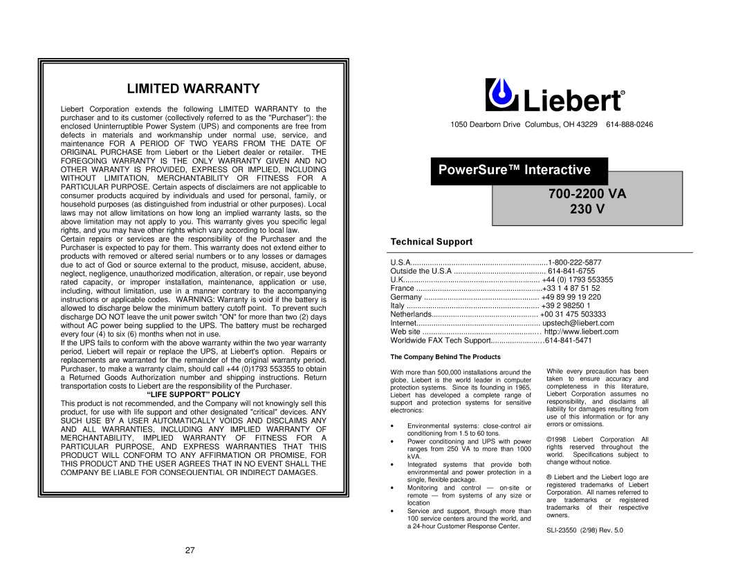 Liebert Power Supply important safety instructions Limited Warranty, Life Support Policy 