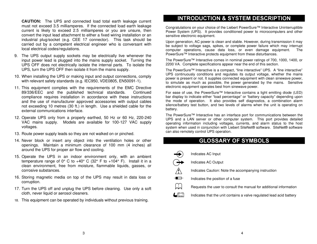 Liebert Power Supply important safety instructions Introduction & System Description, Glossary of Symbols 