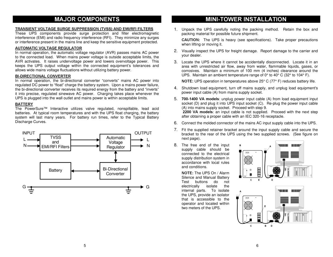 Liebert Power Supply important safety instructions Major Components, MINI-TOWER Installation, Automatic Voltage 