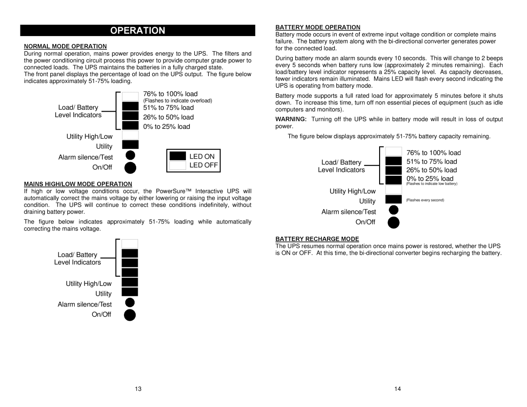 Liebert Power Supply Operation, 51% to 75% load 26% to 50% load To 25% load, Alarm silence/Test On/Off 