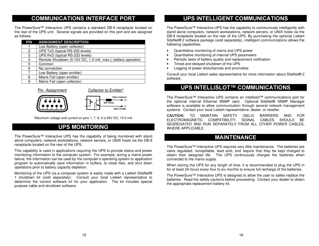 Liebert Power Supply Communications Interface Port, UPS Monitoring, UPS Intelligent Communications, Maintenance 