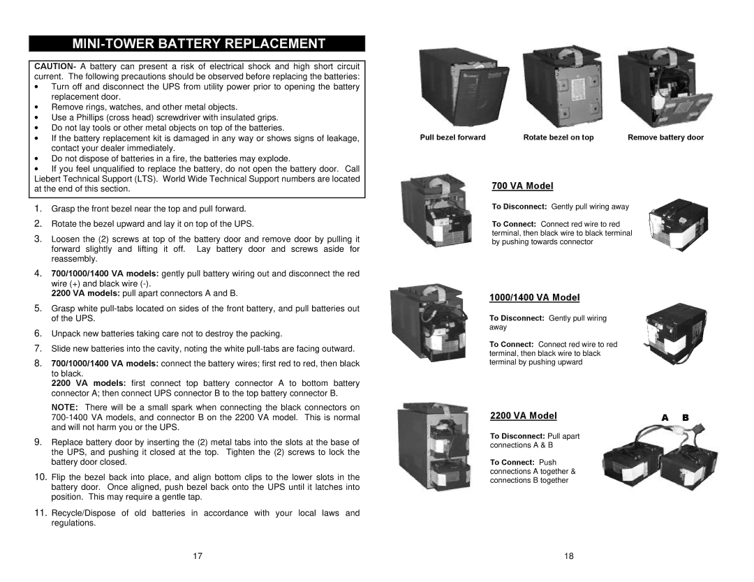 Liebert Power Supply important safety instructions MINI-TOWER Battery Replacement, VA Model 