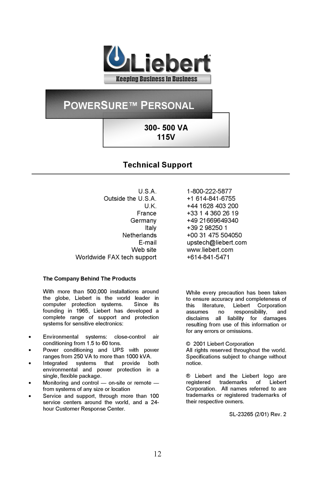 Liebert PowerSure Personal user manual Powersure Personal, 300- 500 VA 115V Technical Support 