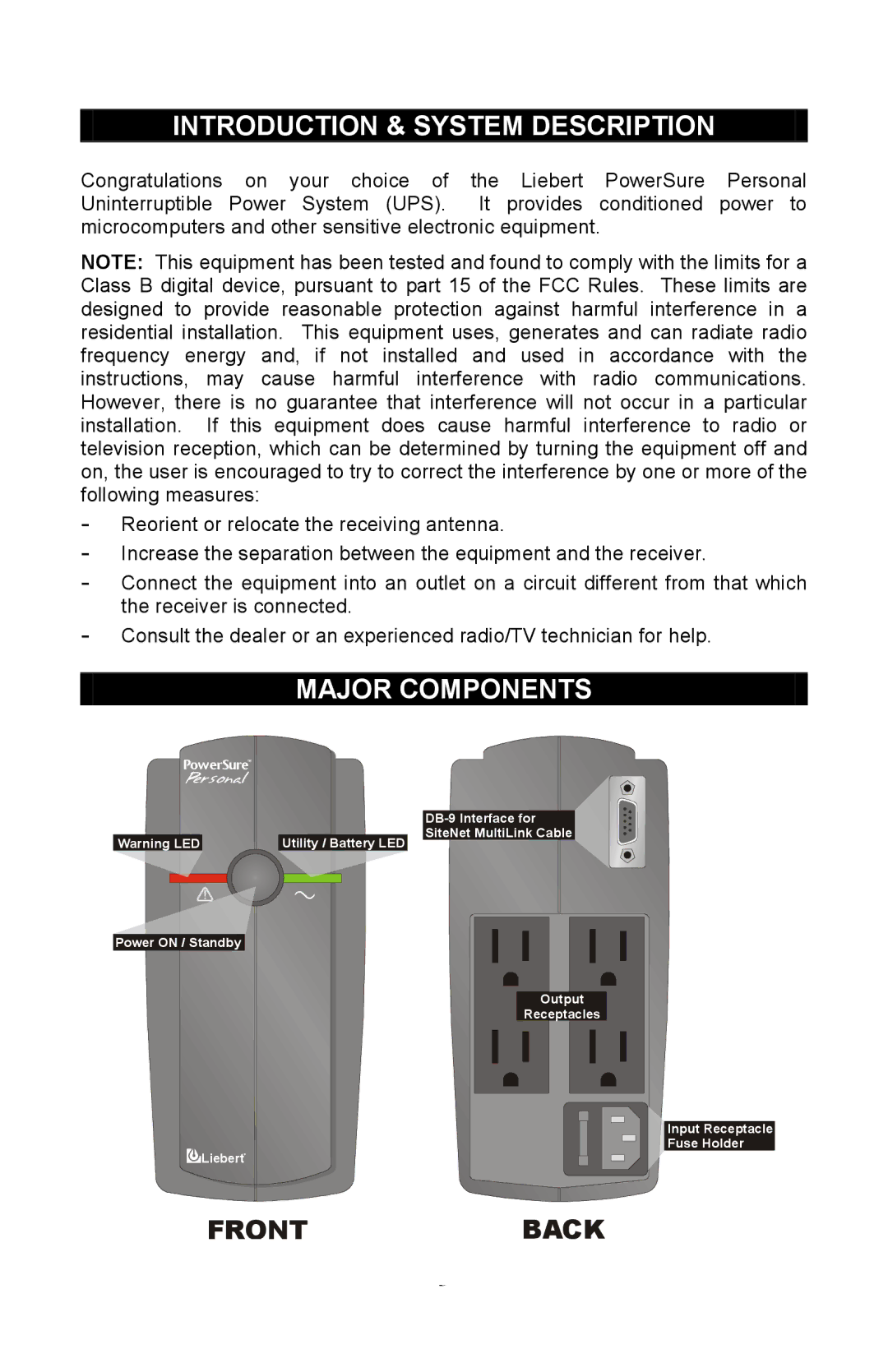 Liebert PowerSure Personal user manual Introduction & System Description, Major Components 