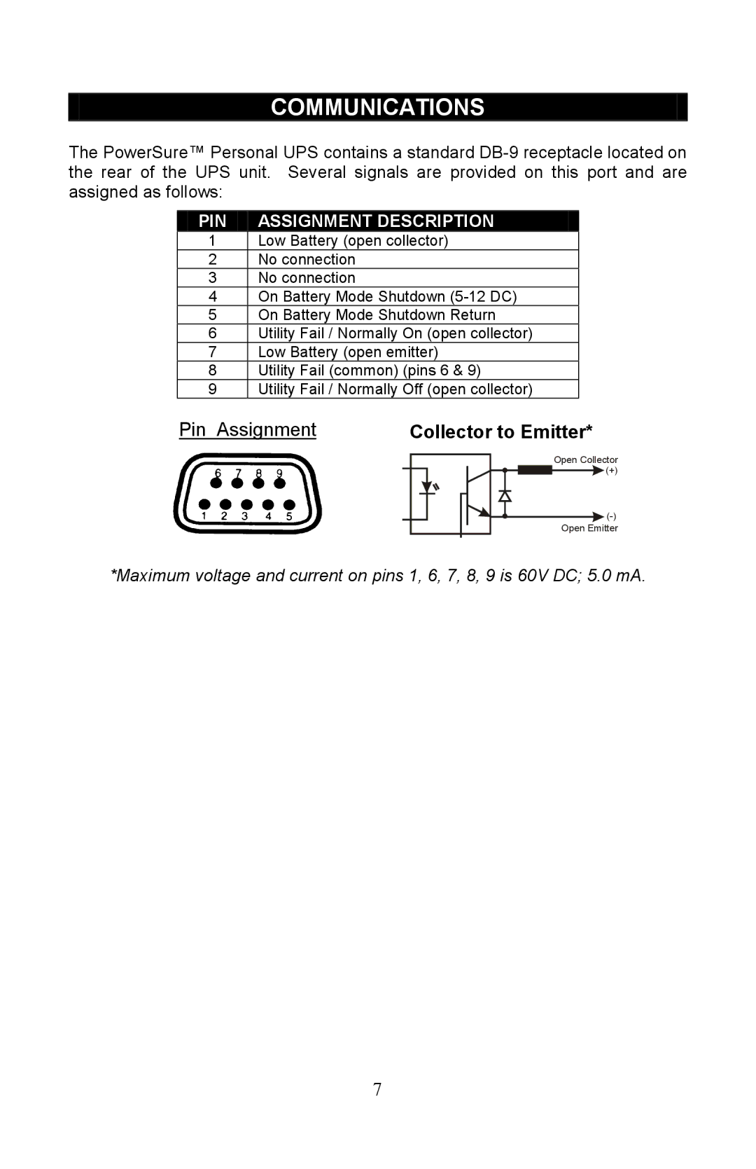 Liebert PowerSure Personal user manual Communications, Collector to Emitter 